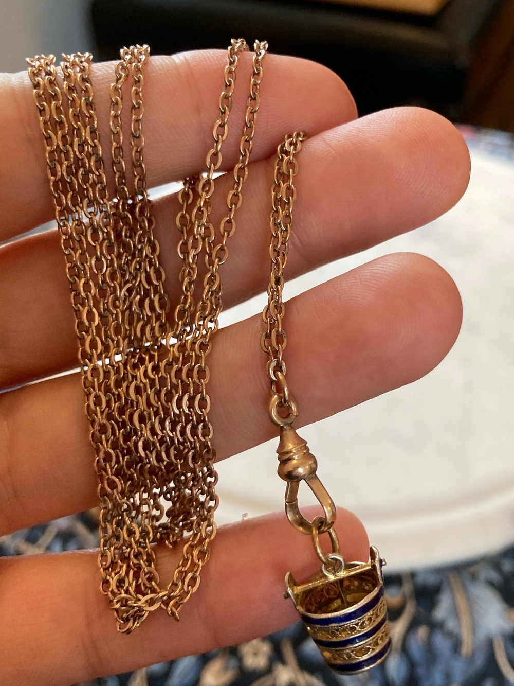 Antique Victorian Gold-Filled Watch Chain Necklace & Enameled Bucket Charm